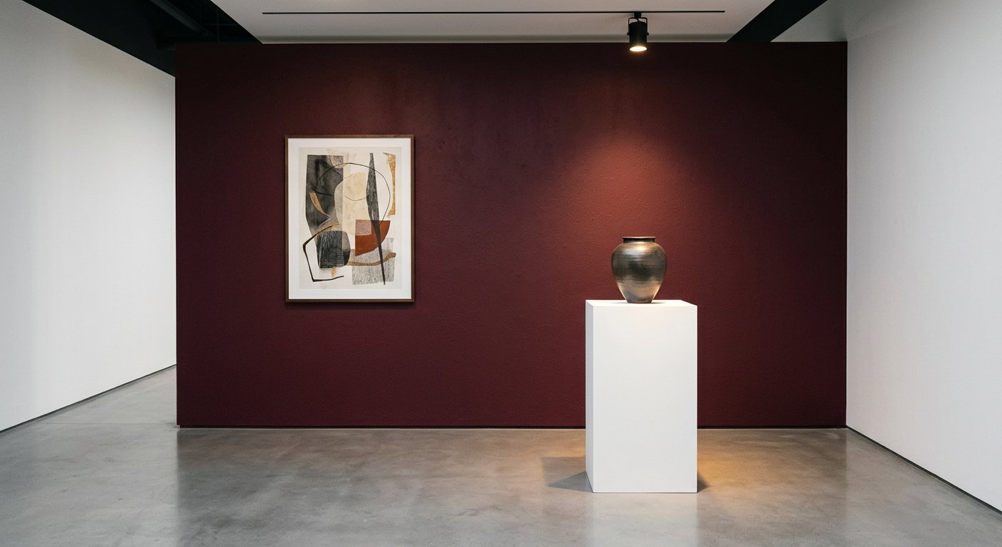 白色基座上的陶罐、酒红色展墙与一幅装裱作品,暖射灯