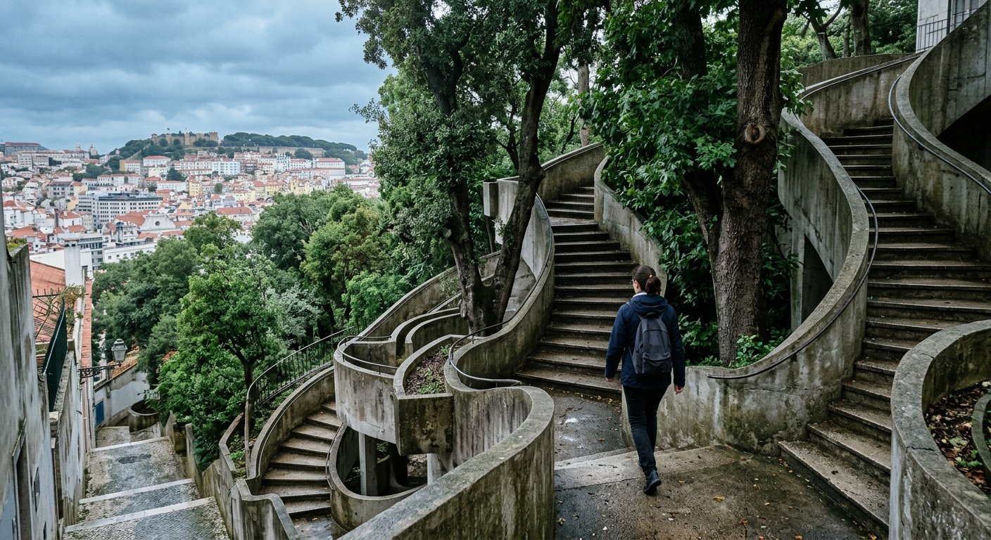 树木与曲线混凝土建筑间的一位行人,柔和阴天光线