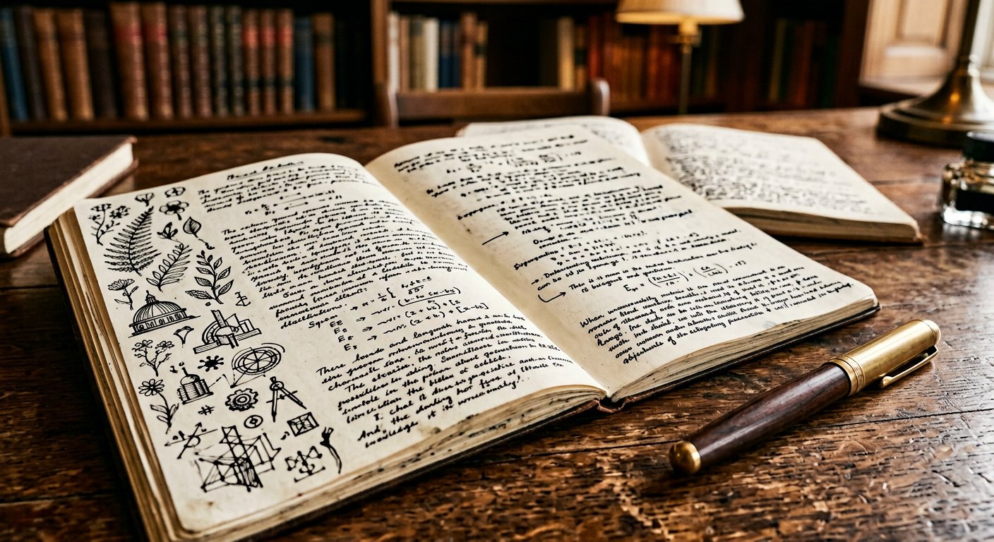 摊开的笔记本与旁注小图,黄铜钢笔与暖光