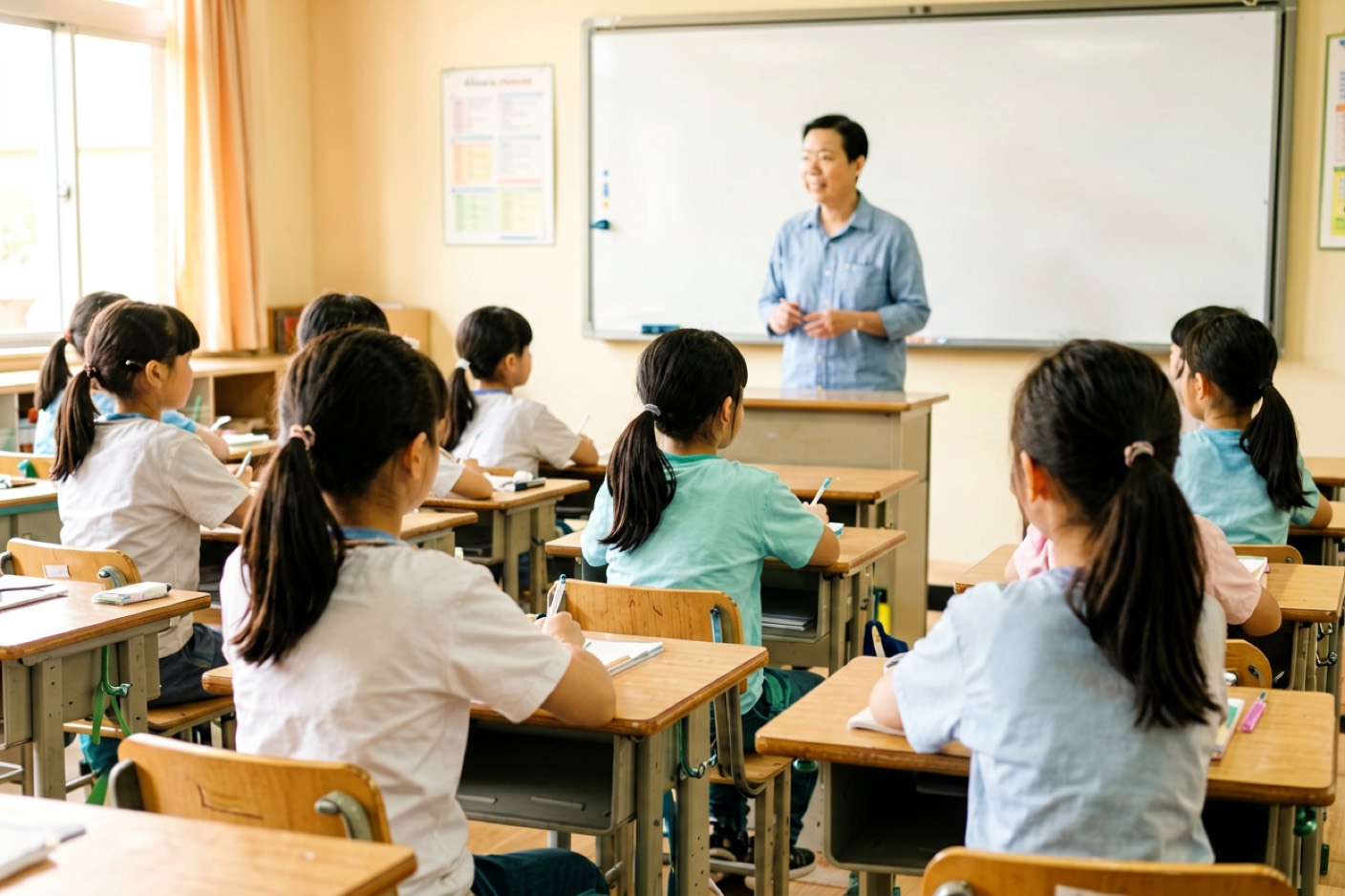 学生围坐木桌,老师在白板前,温暖自然光,纪实教育摄影