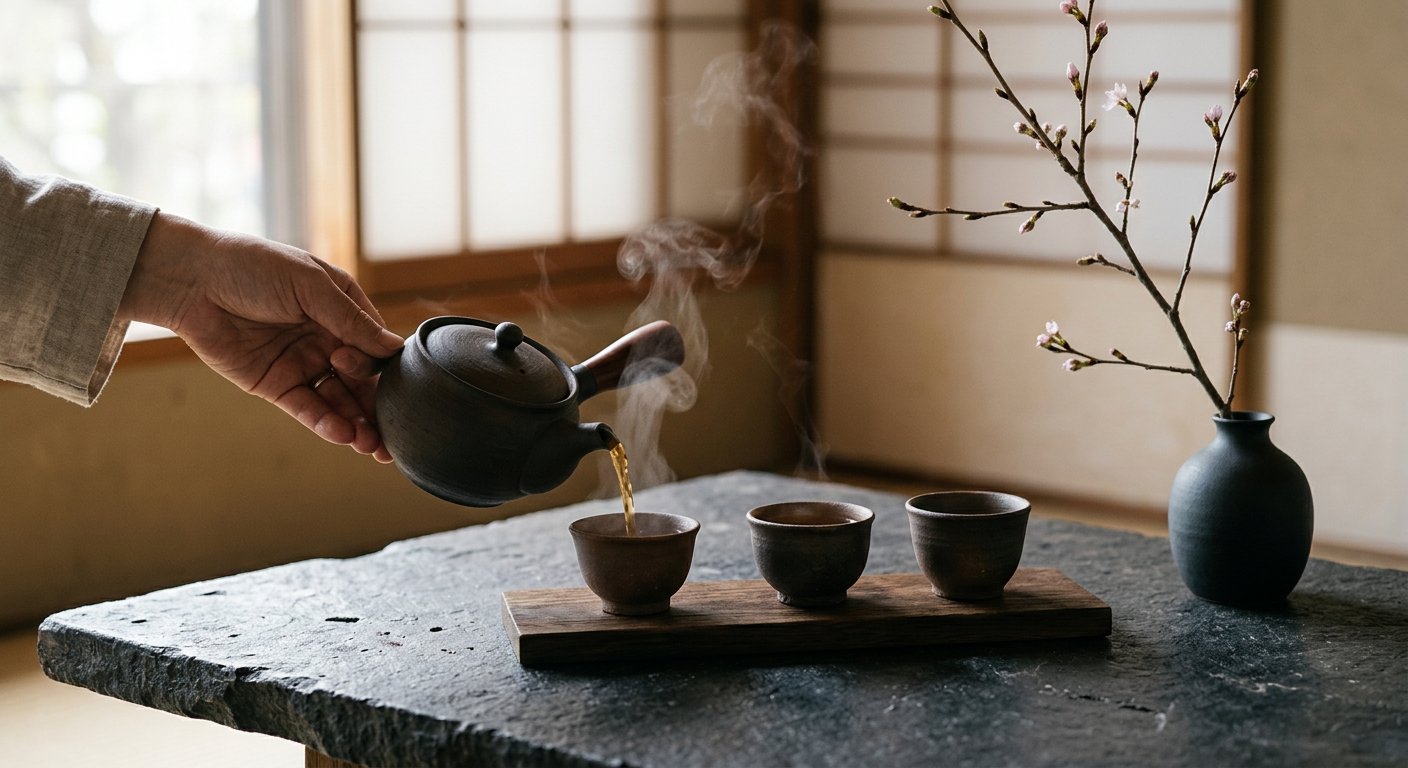 深色石桌上的陶壶与小杯，热气升起，侧光