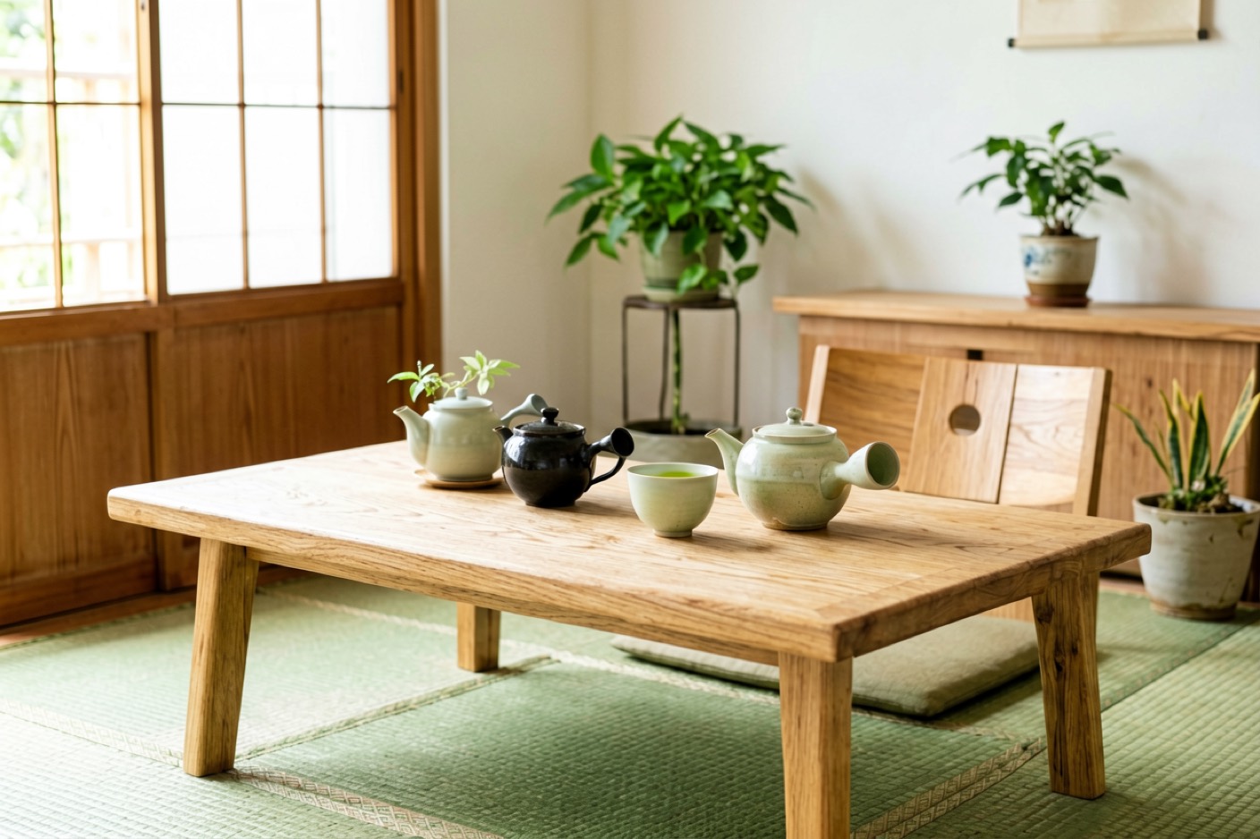 木质家具、陶壶茶杯与绿植，宁静的极简日式美学，柔和自然光