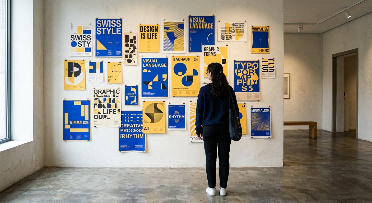 电光蓝与明黄海报钉满的展墙,一位观众背影