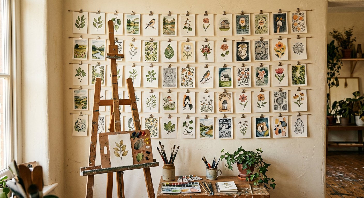 阳光画室里木夹悬挂的水彩与墨线小品,画架在前