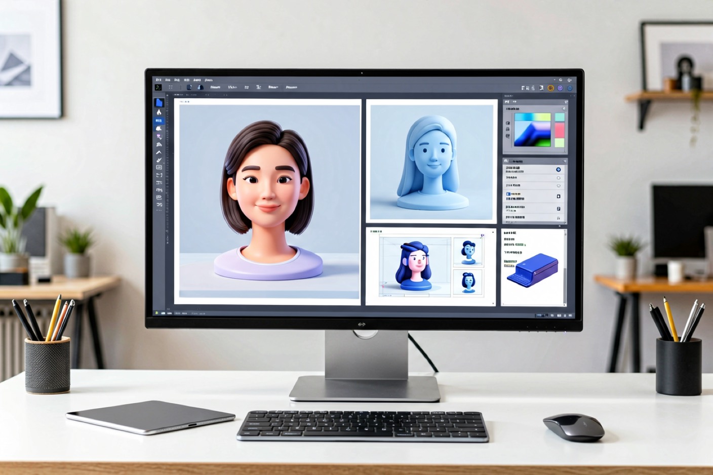 大屏显示 3D 渲染与 UI 设计,干净桌面配平板与触控笔,现代创作工作室