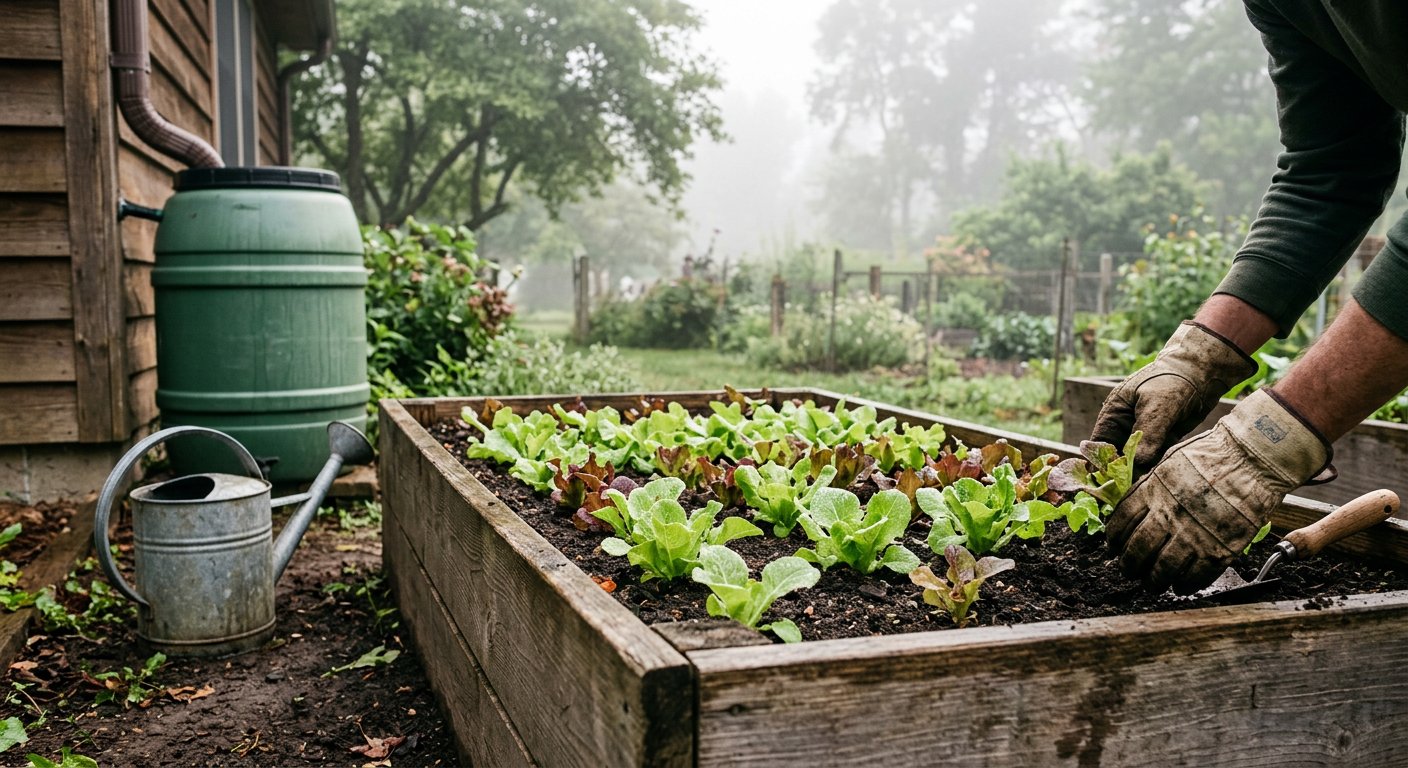 雨水桶与浇水壶旁的生菜畦,晨雾中的帆布手套