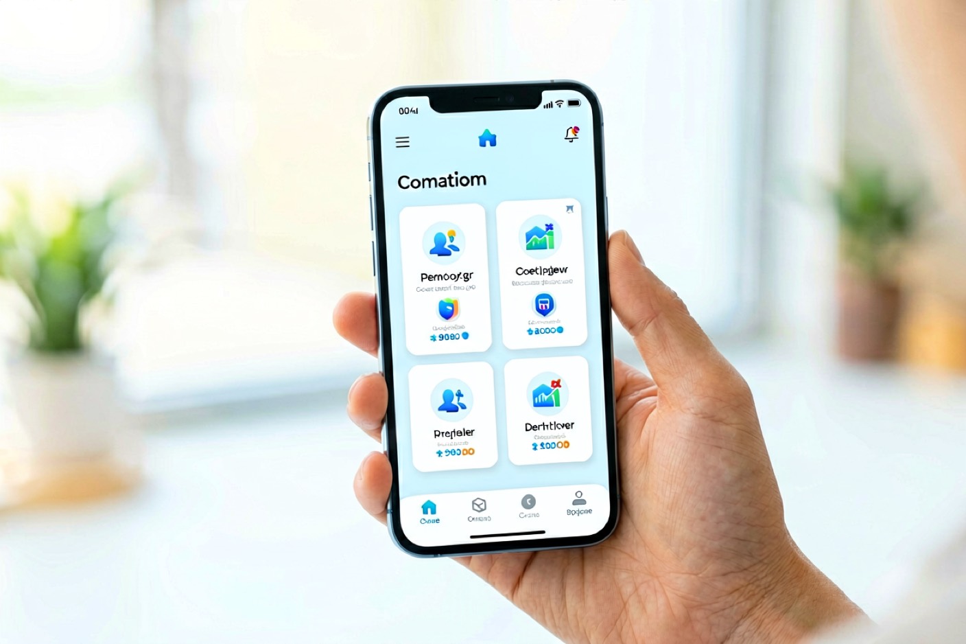 手机上的移动端 App 原型,干净 UI 卡片与图标,手持对着明亮虚化背景