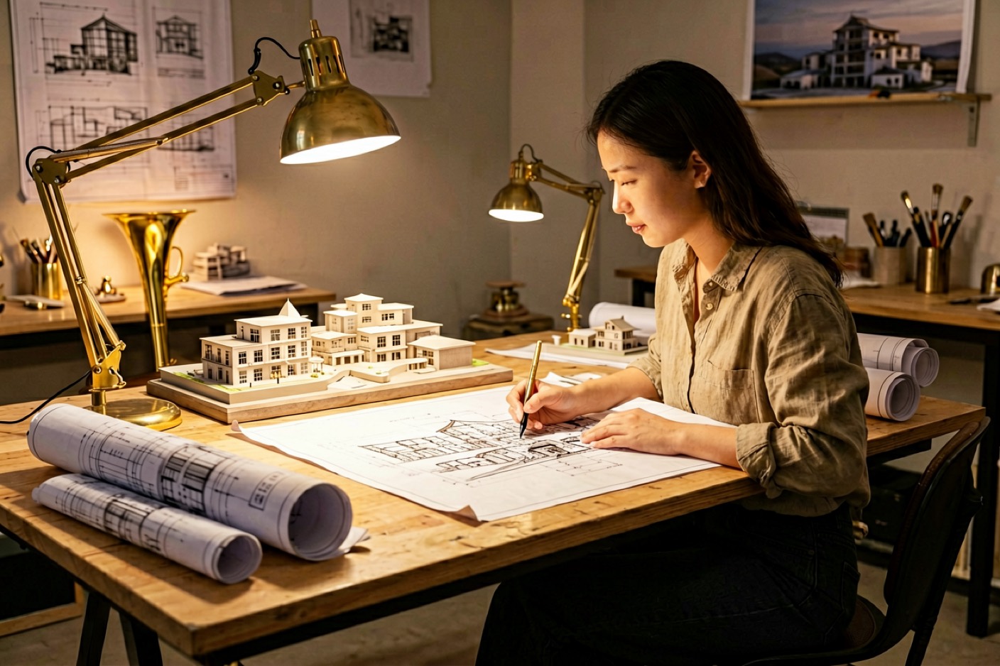 设计工作室工作台,建筑模型、卷起图纸与黄铜工具,聚光台灯,暖色创作氛围