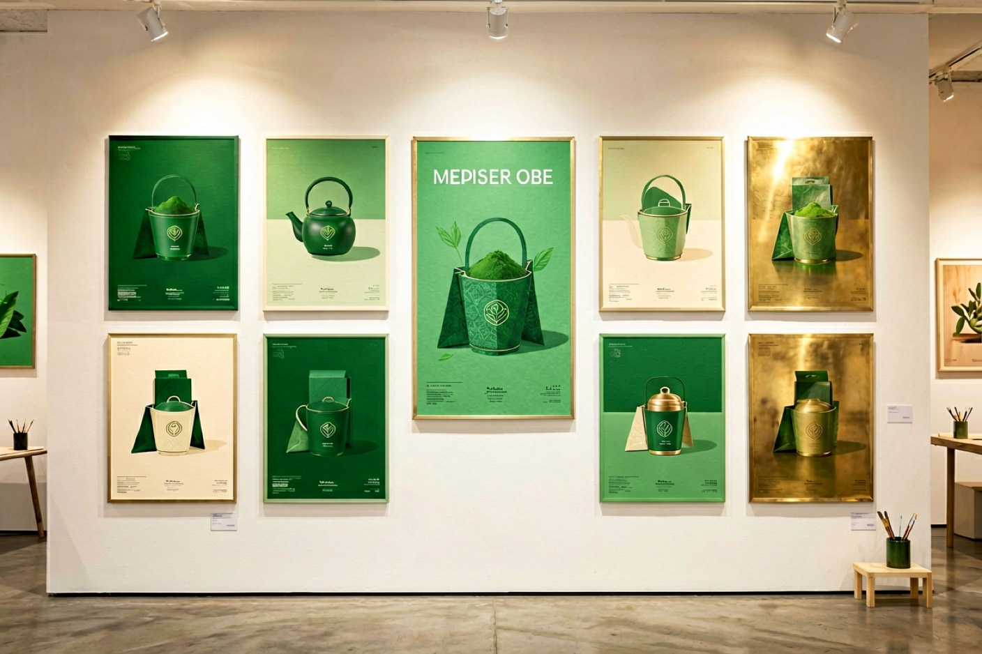 成品品牌海报与包装设计展墙,森林绿奶油与黄铜配色,画廊射灯照明
