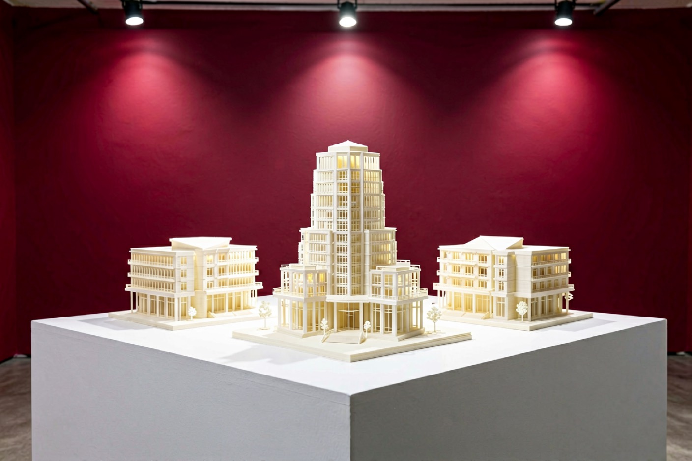 白色基座上的 3D 打印建筑模型,酒红色背景墙,射灯,专业工作室摄影